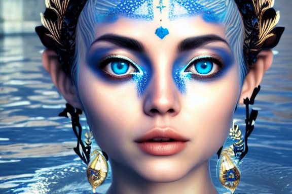 Beautiful Water Goddess Walking to the Moon