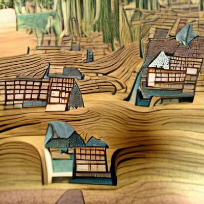 Utopian Village in Japanese Woodblock Style