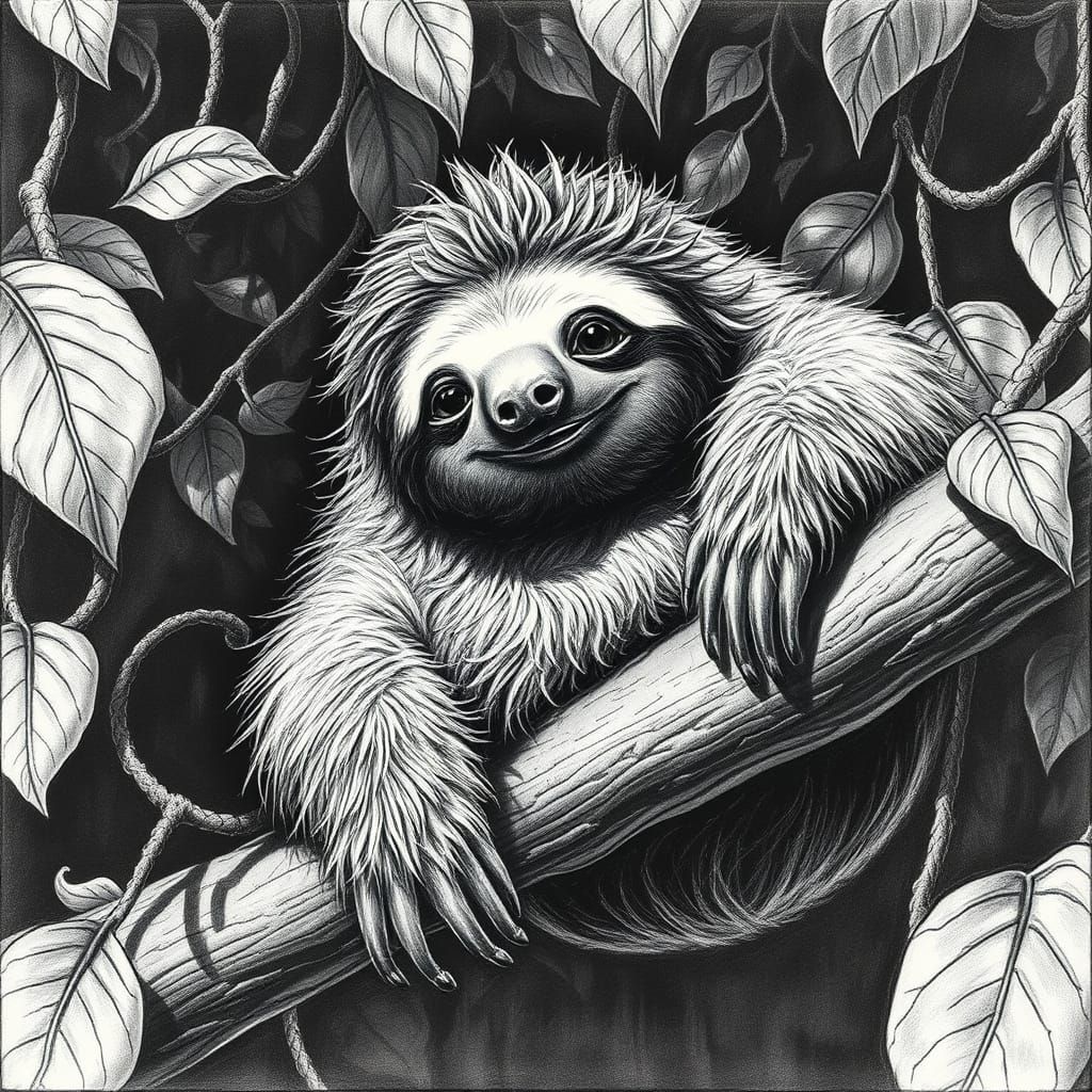 Smiling Sloth in Jungle Charcoal Drawing Style