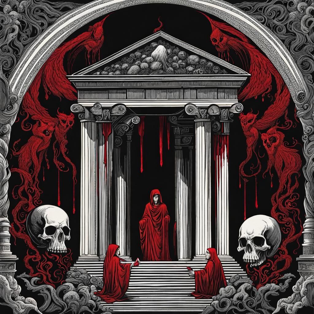 Creepy Erinyes Cave in Ancient Greece: Horror Ink Drawing