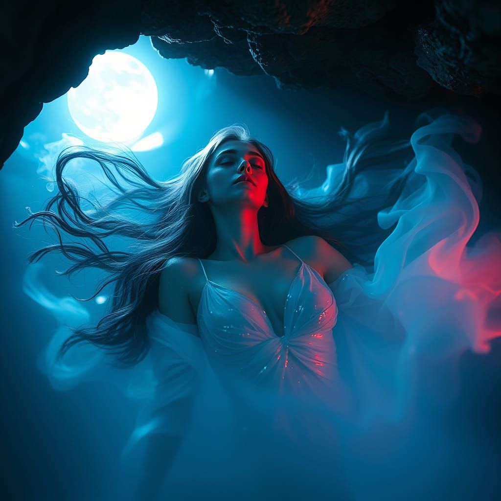 Woman in Shimmering Gown, Floating in Ethereal Grotto