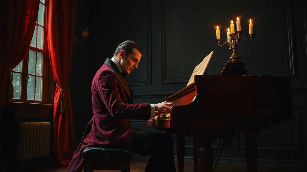 Baroque Vampire Playing Piano in Dark Fantasy Art