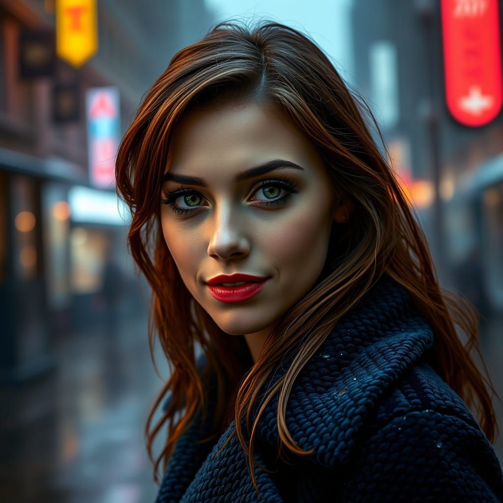 Mysterious City Night Portrait in Photorealistic Style