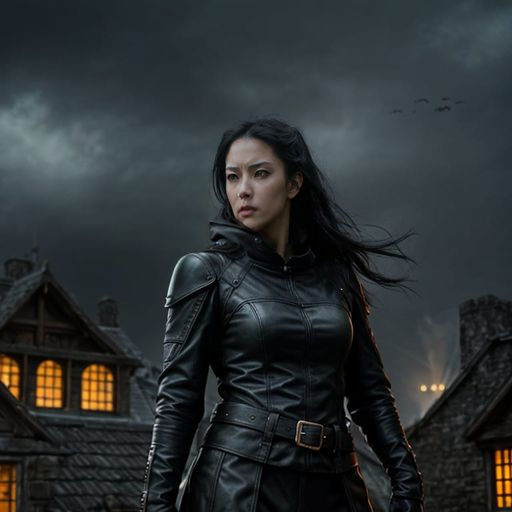 Epic Fantasy Female Ninja Assassin in Stormy Medieval City
