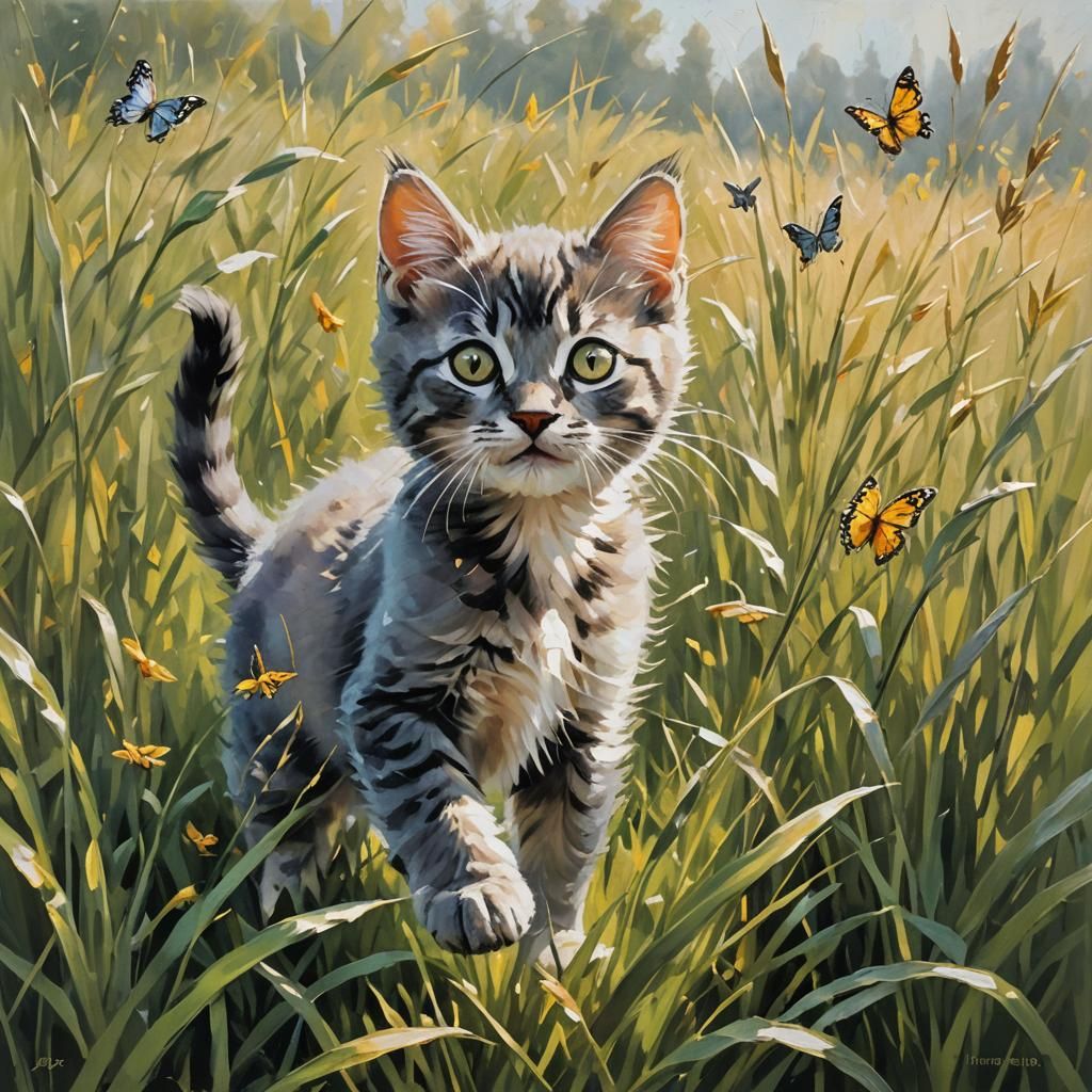 Kitten's Joy: Playful Chase in Lush Meadow