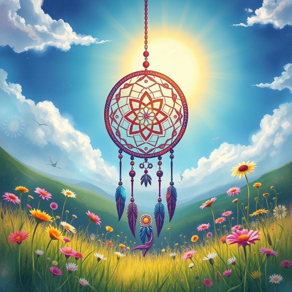 Enchanted Dreamcatcher in a Vibrant Meadow Landscape