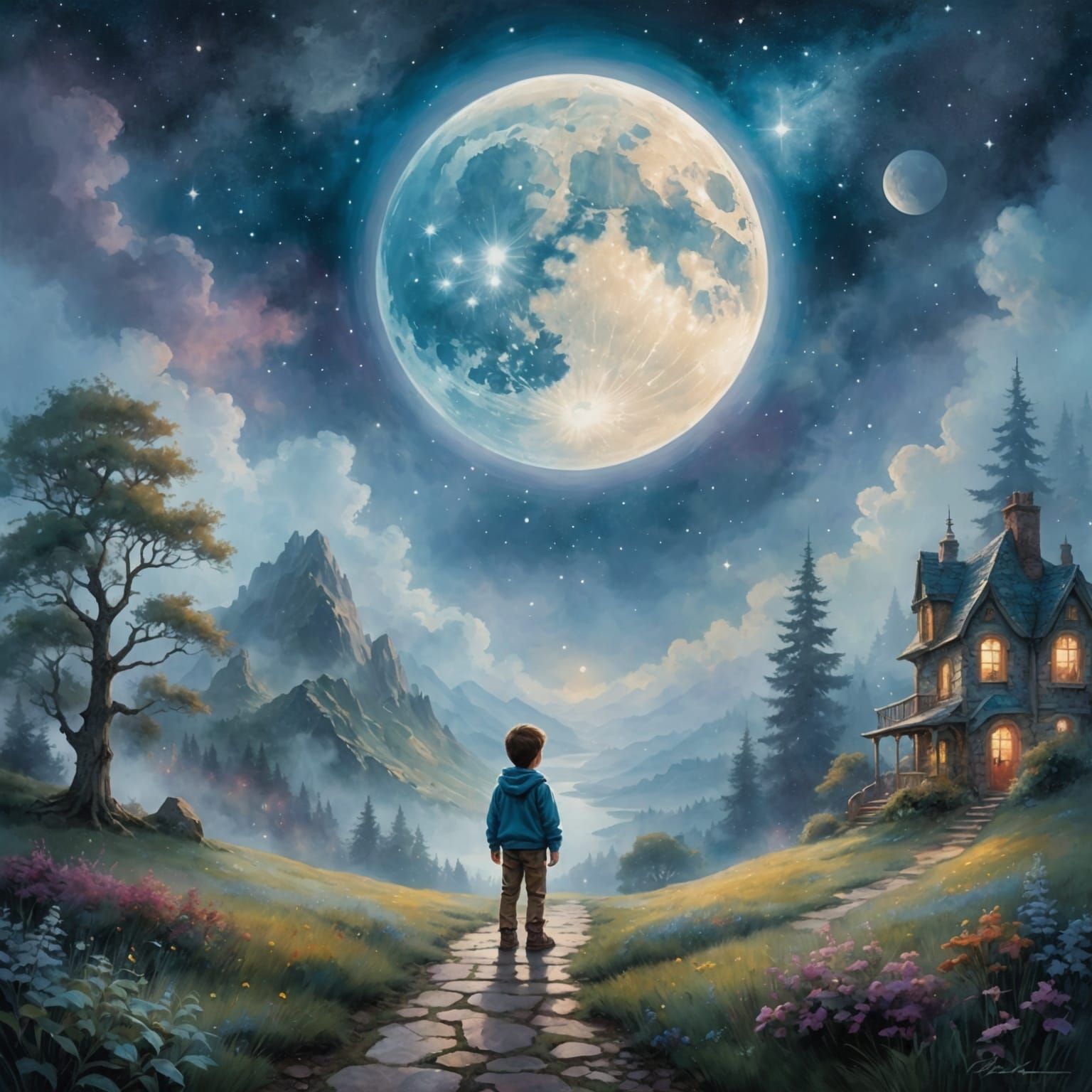 Ethereal Lunar Scene with Child in Watercolour Style