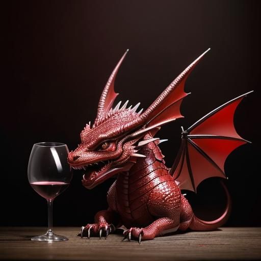 Tiny Red Dragon Drinks Wine: Hyperrealistic Art