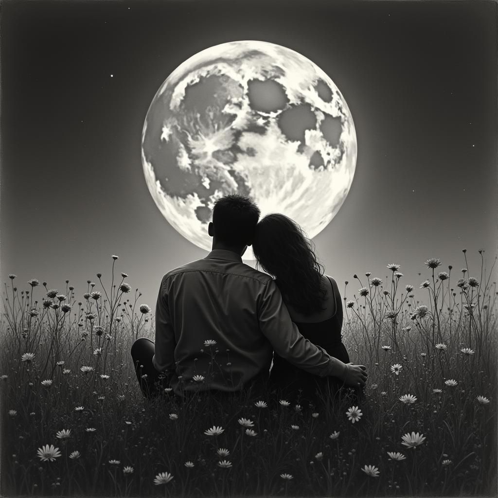 Moonlit Embrace in Charcoal Landscape