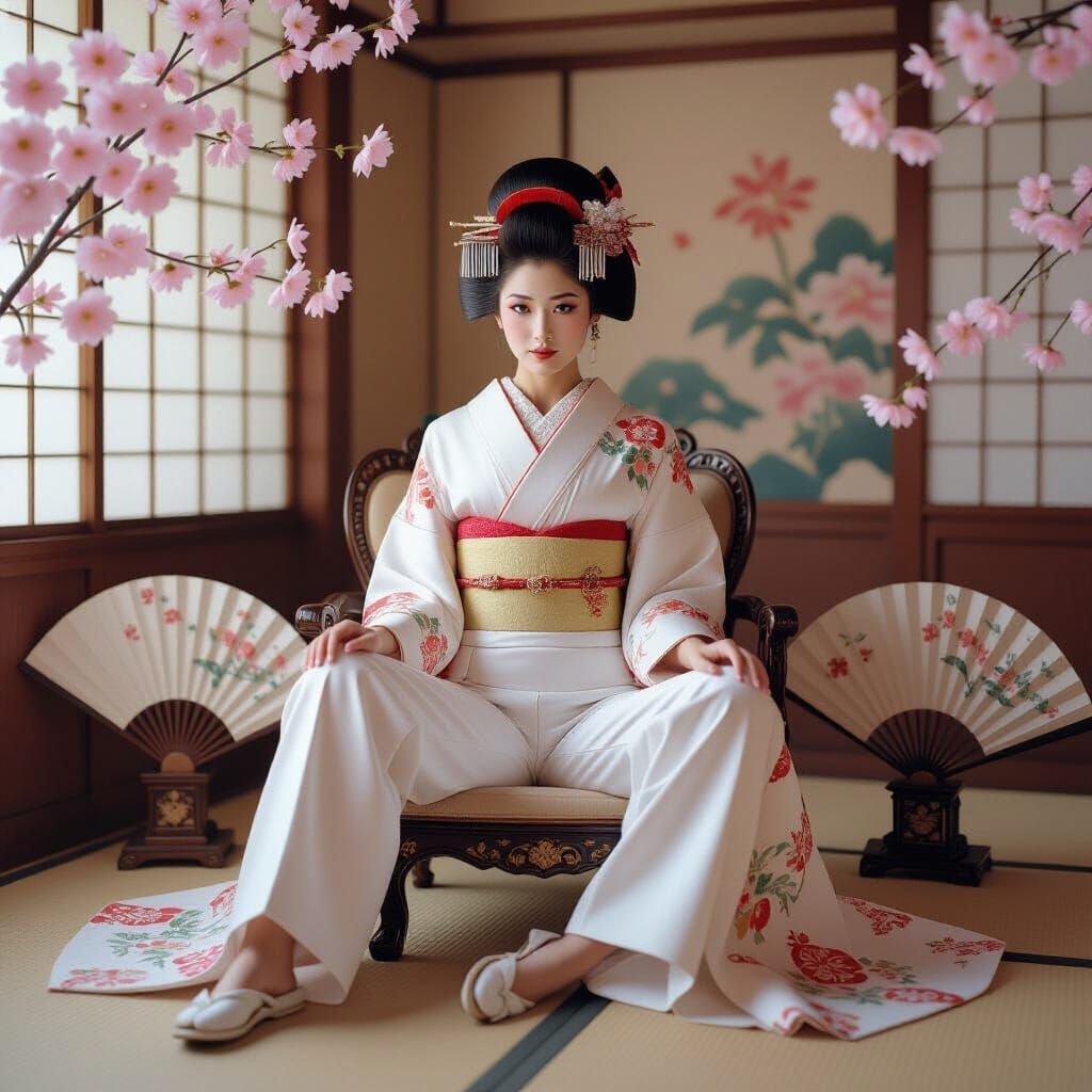 Geisha in Modern Attire Amidst Traditional Scenery