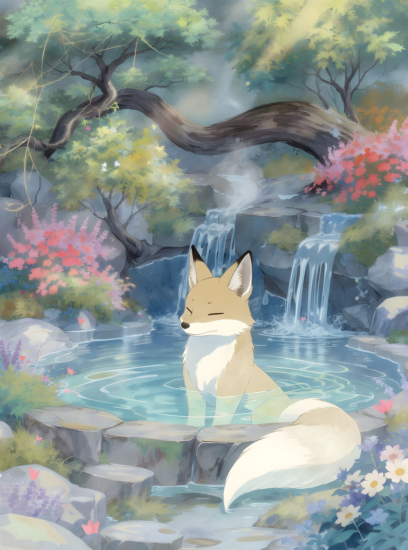 Anthropomorphic Fox Relaxing in Forest Hot Spring