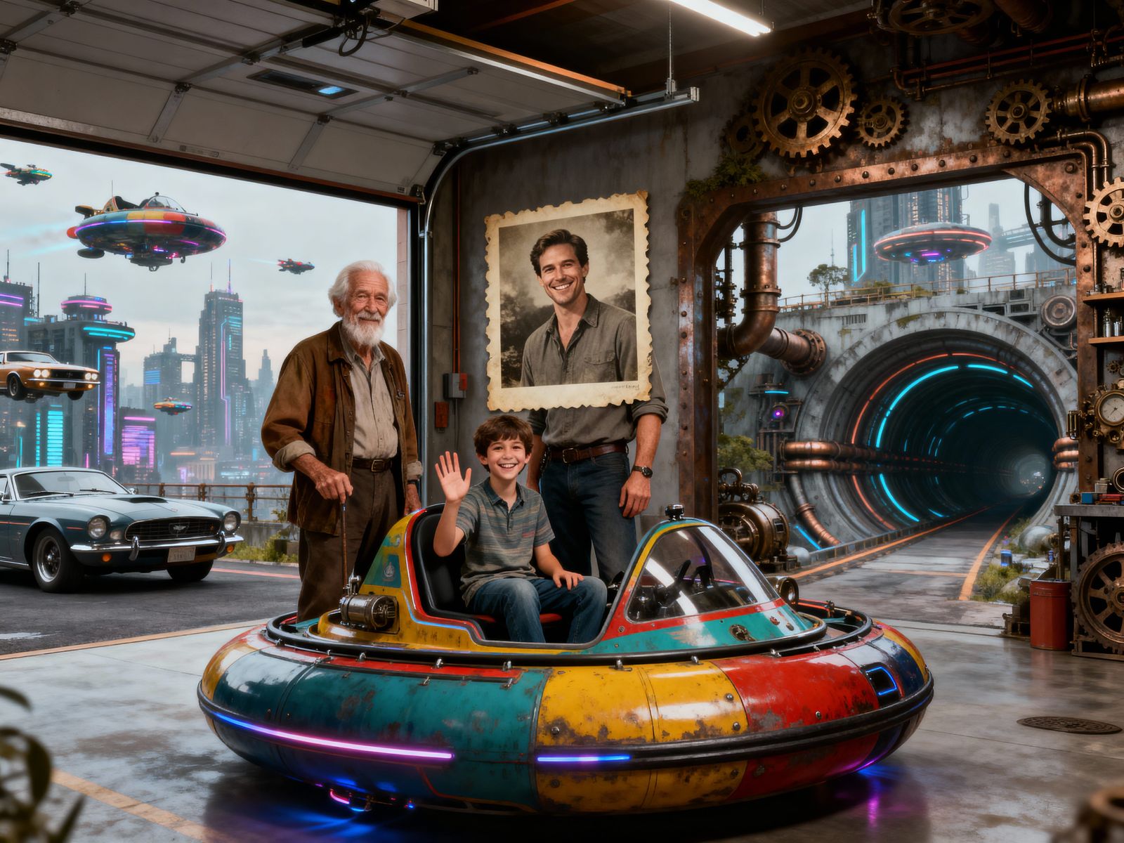 Steampunk Garage Overlooks Cyberpunk Cityscape