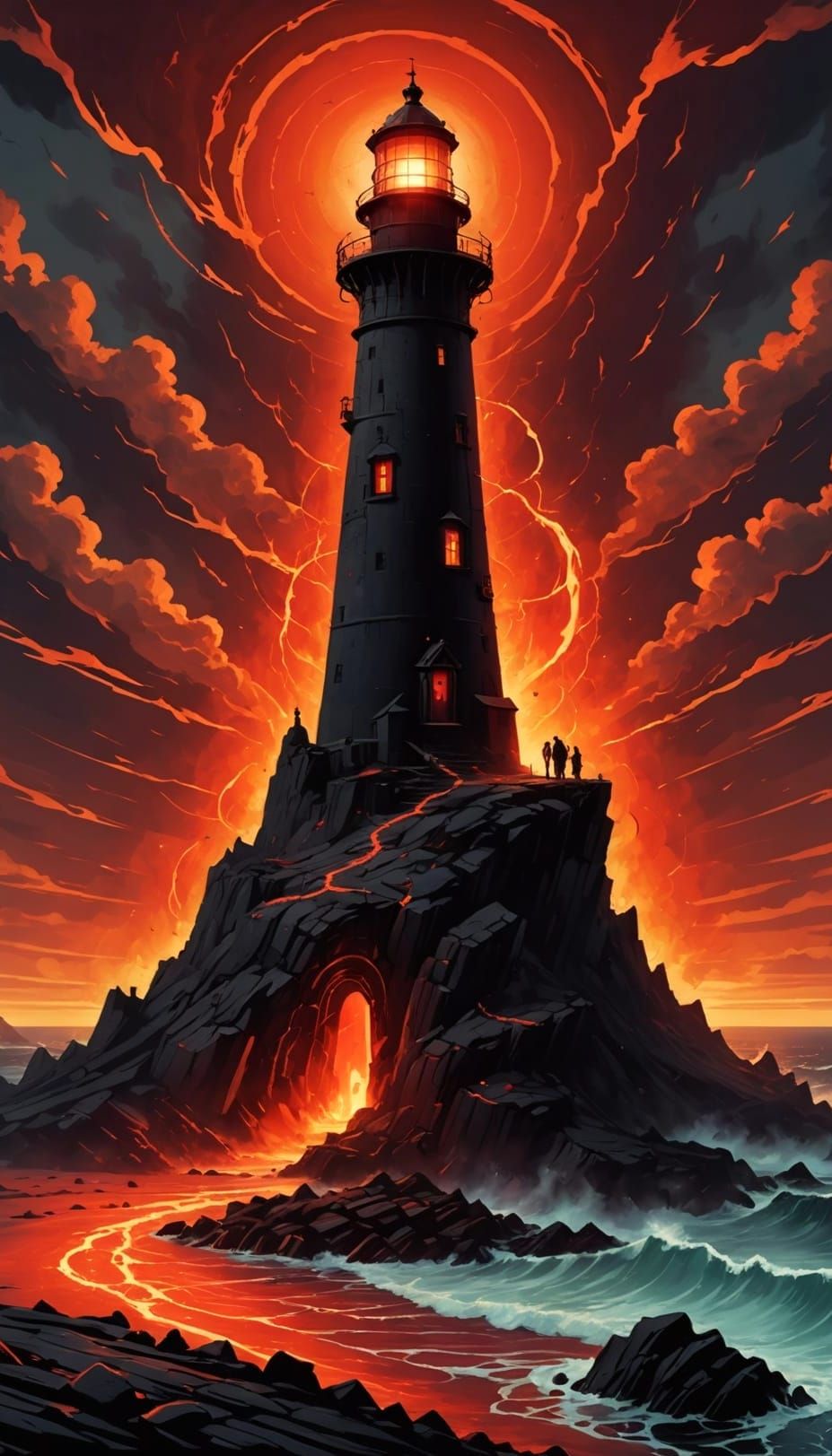 Obsidian Lighthouse on Volcanic Island in Dark Fantasy Style
