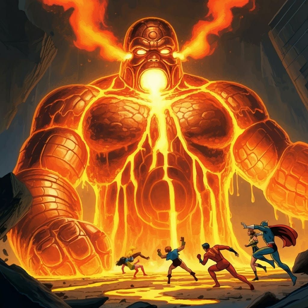 Radiant Metal Behemoth Battles Colorful Heroes in Retro-Styl...
