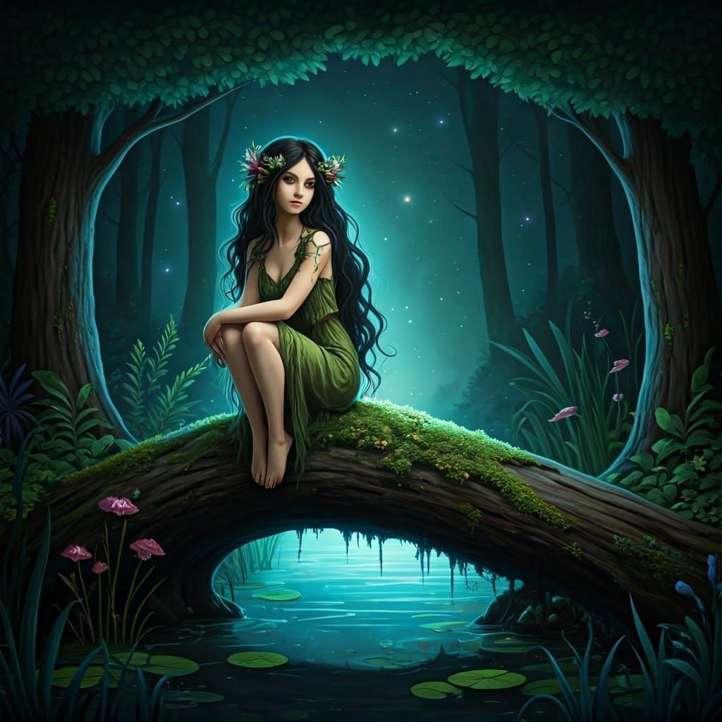 Whimsical Forest Nymph in Starry Night Sky