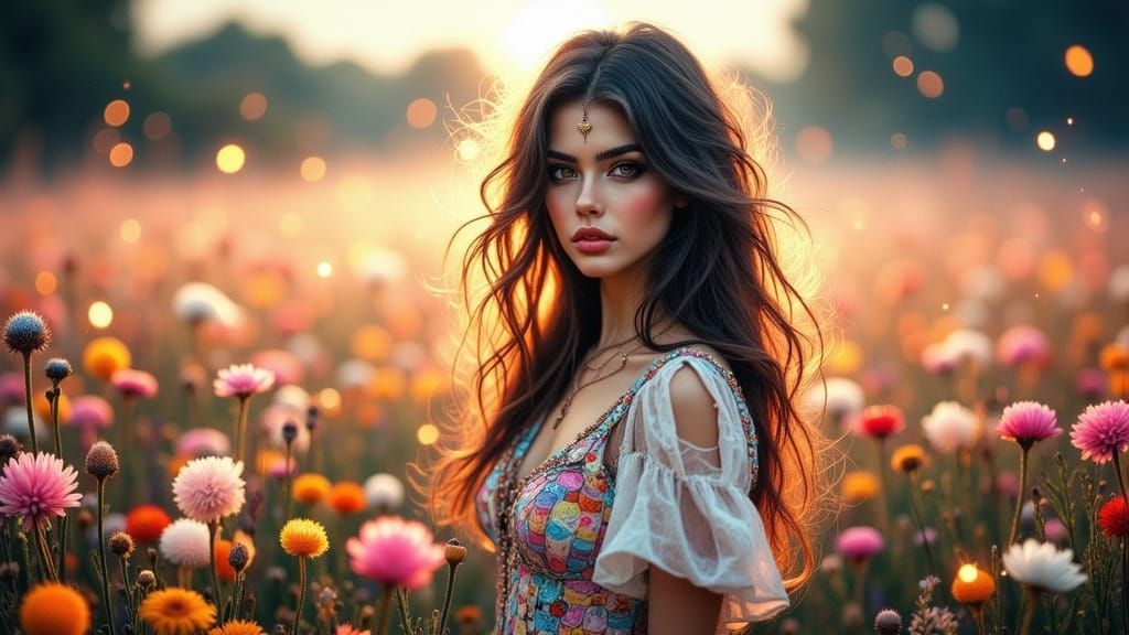 Woman in Retro Dress in Glowing Flower Field
