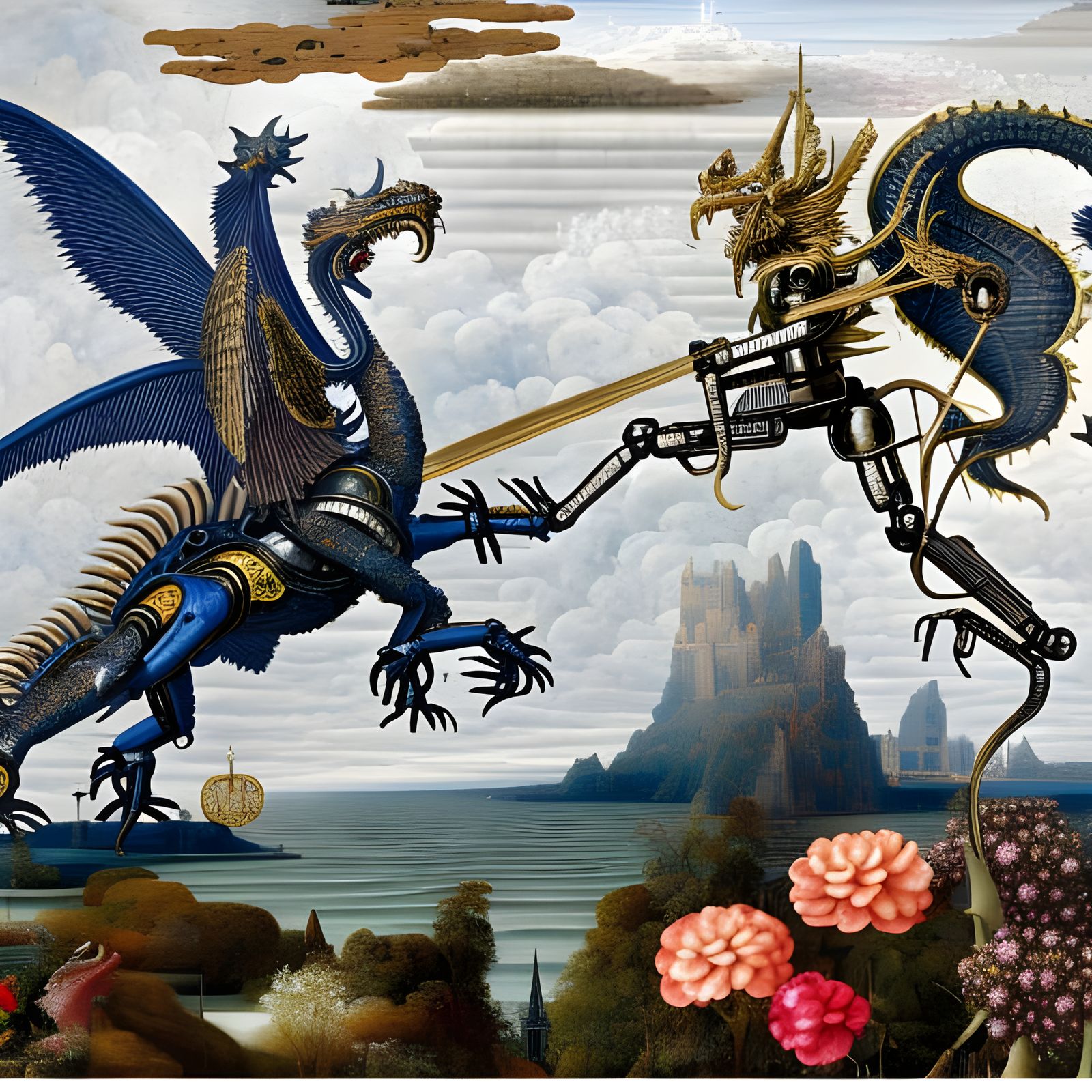 Robot St Michael Slaying Dragon in Victorian Style