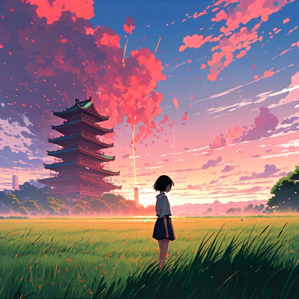 Anime Style Sunset Scene with Fireworks