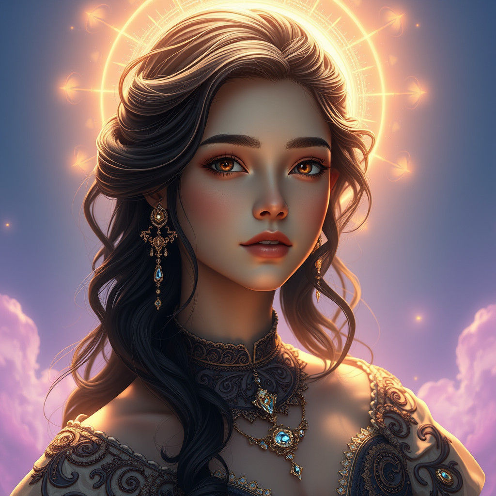 Ethereal Woman with Golden Halo in Art Nouveau Style