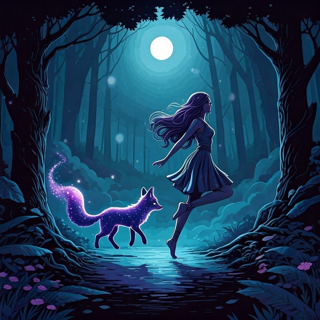 Mystical Woman and Ethereal Fox in Comic Book Style