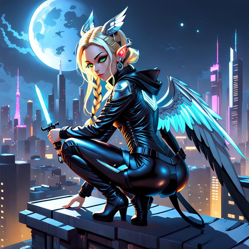 Cyberpunk Fey Assassin on Dystopian Rooftop