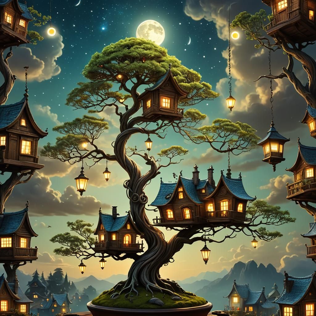 Bonsai Treehouse Lamp in Surreal Style