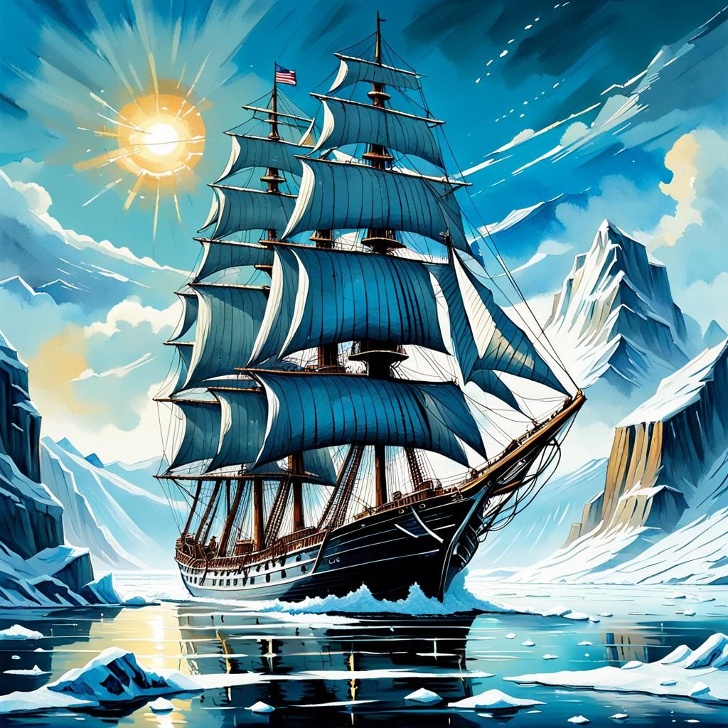 Sailing Ship in Icy Waters: Gouache-Style Impressionism