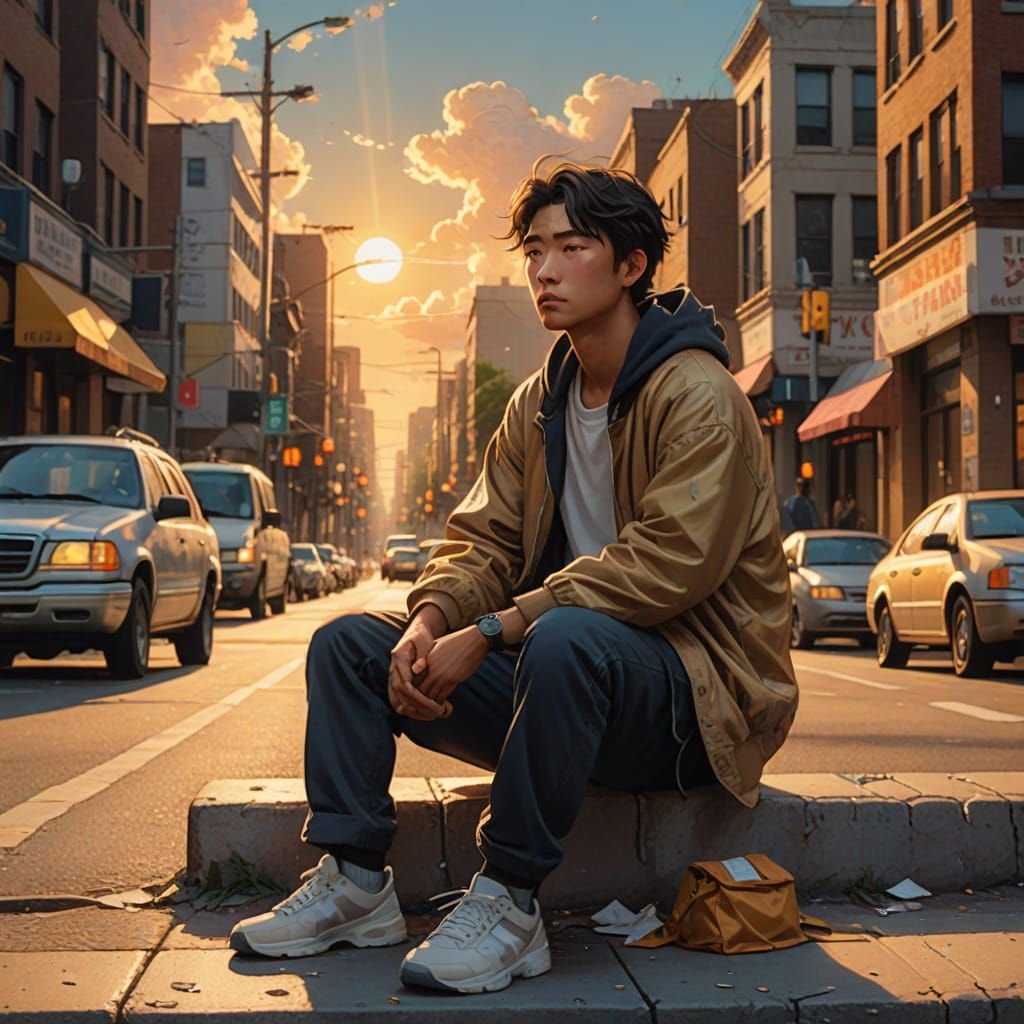 Hopeful Man on Street in Divine Light