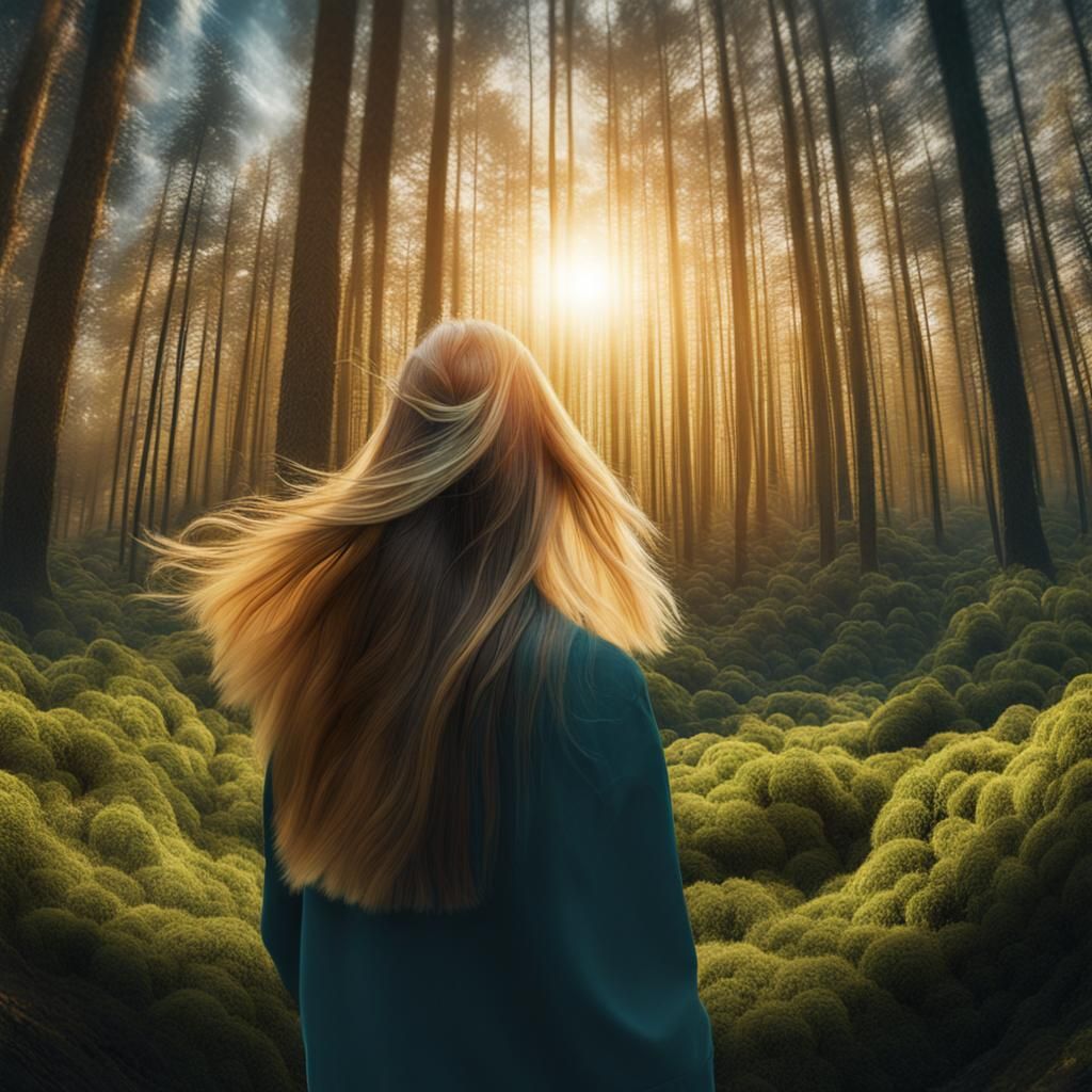 Woman Planting Sun in Warped Forest Perspective