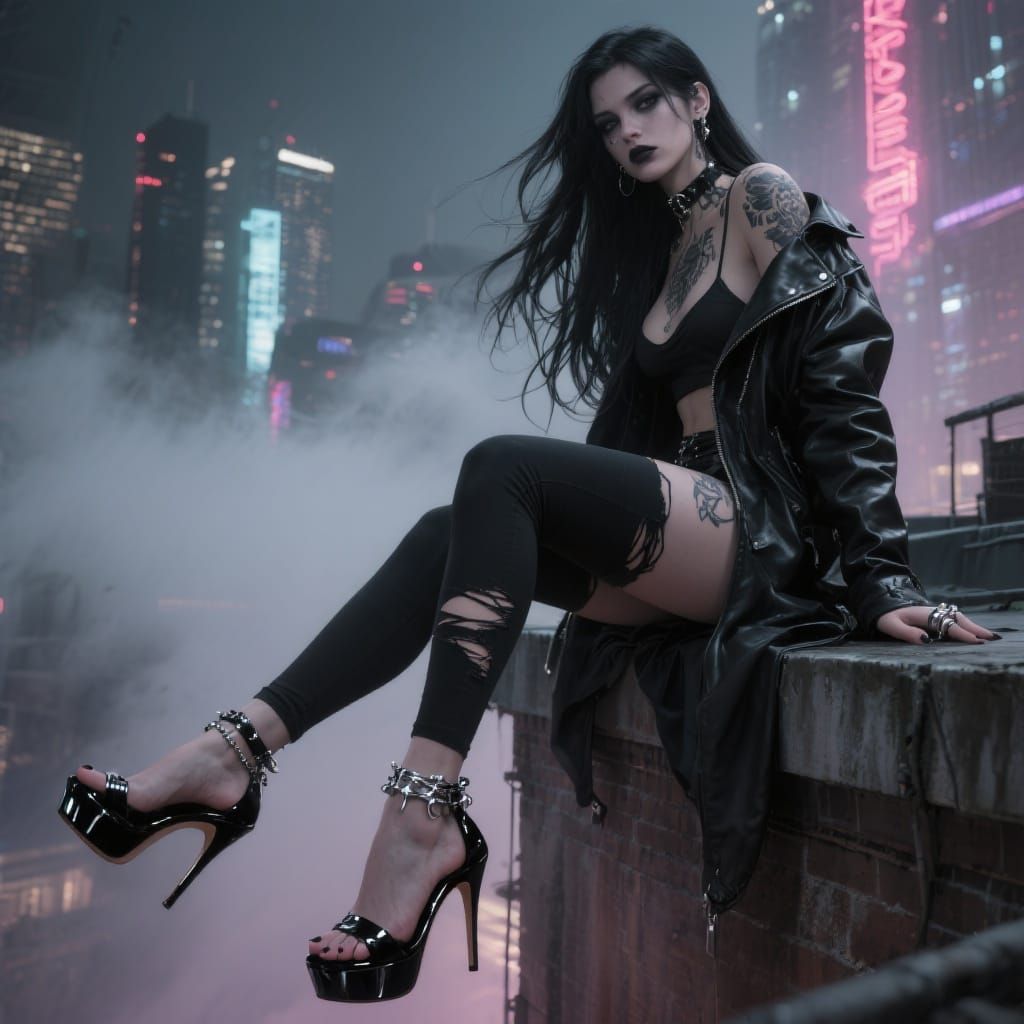 Gothic Woman on Rooftop Edge in Cyberpunk Cityscape