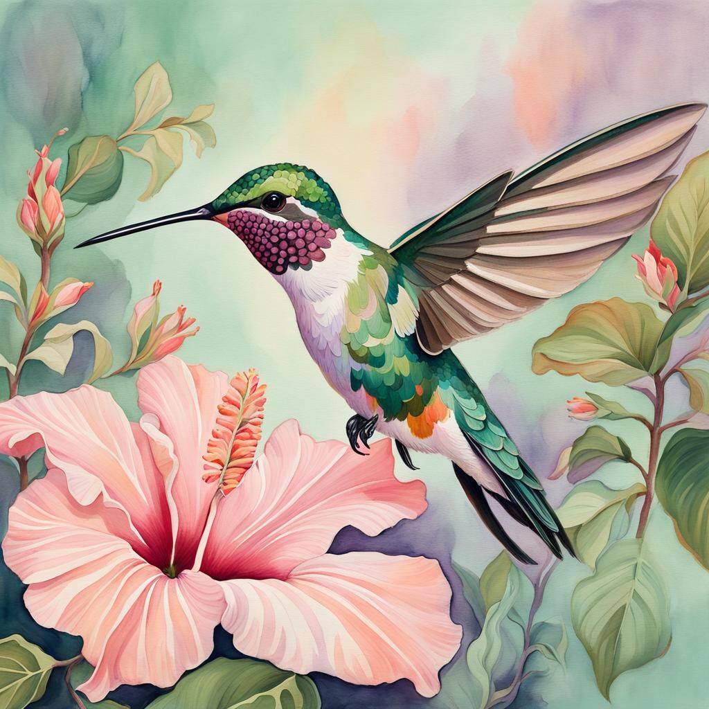 Pastel Hummingbird Botanical Painting