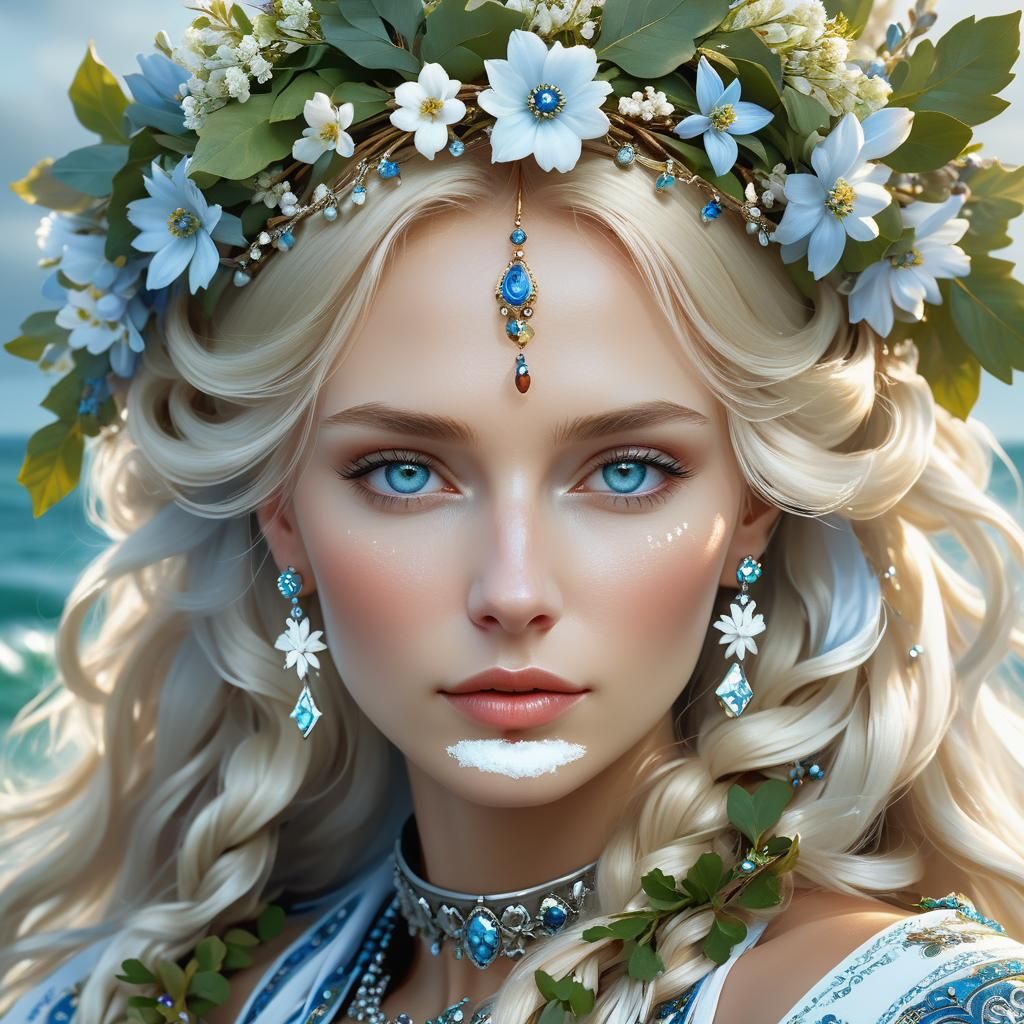 Slavic Beauty Portrait with Wreath and Jewelry