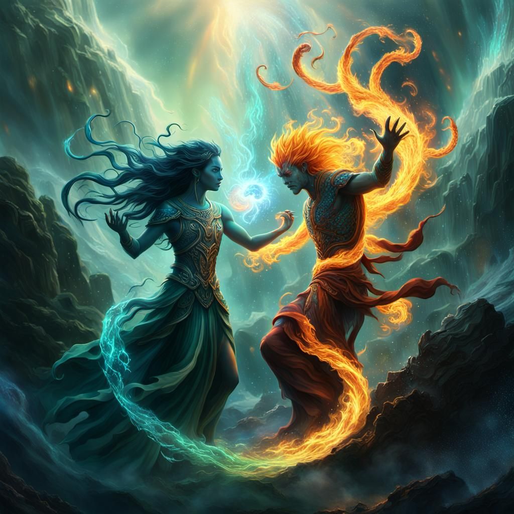 Epic Cinematic Digital Art: Water and Fire Spirits Converge...