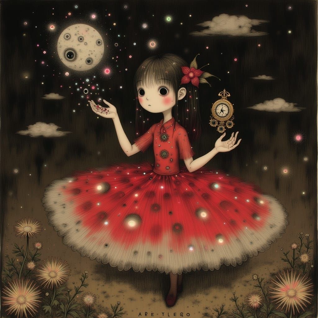 Whimsical Girl Dancing in Moonlit Dreamscape