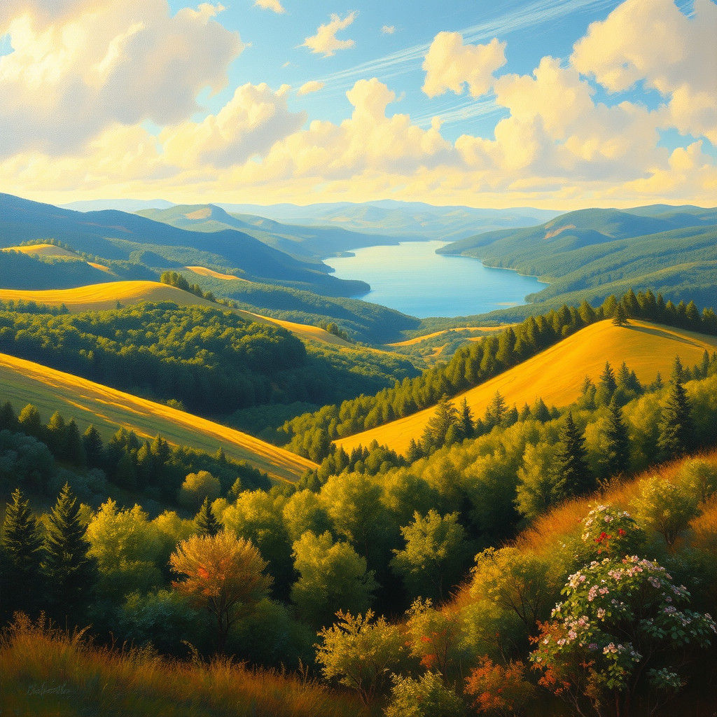 Golden Serene Landscape in Romantic Style