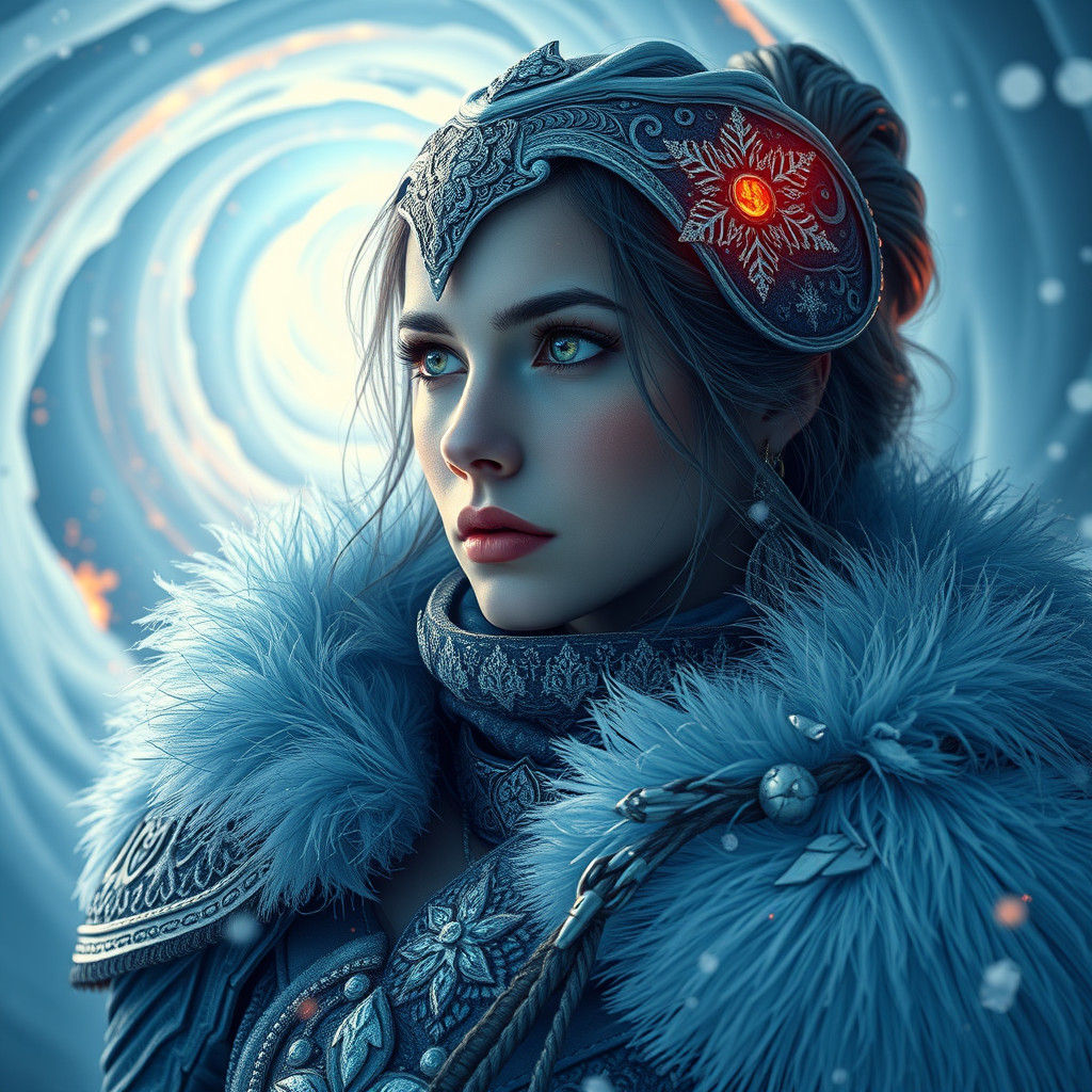 Icy Blue Warrior Woman in Art Nouveau-Inspired Armor