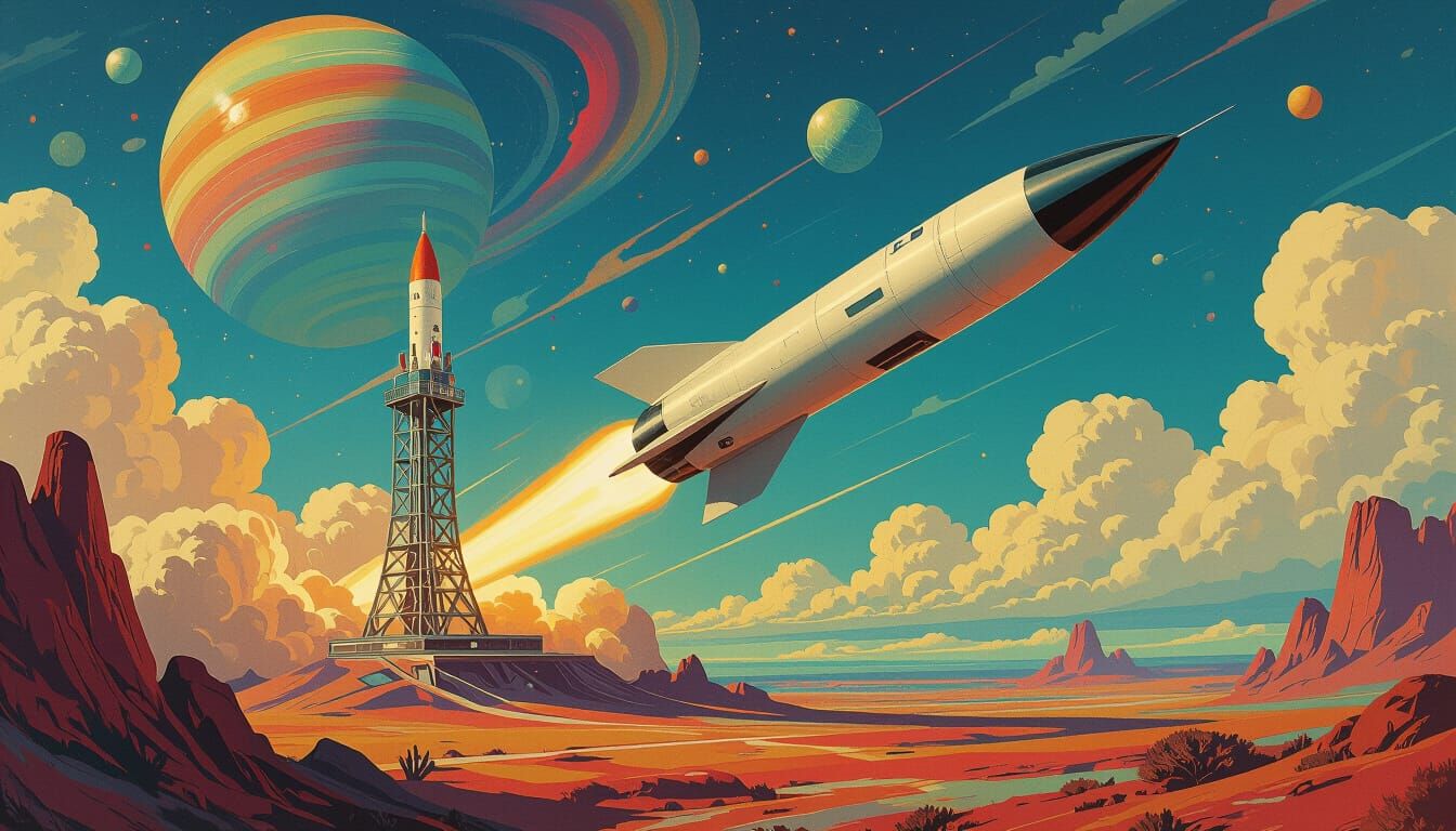 Retro-Futuristic Rocket Launch on Alien Planet