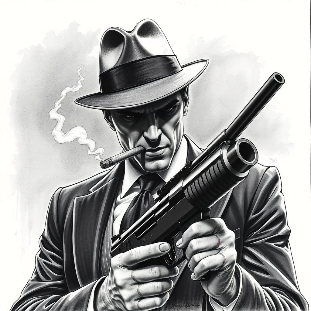 Intimidating Gangster with Tommy Gun in Charcoal Style