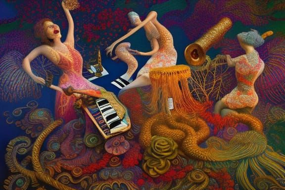 Ragtime Band in Embroidered Lace: a Gouache Painting