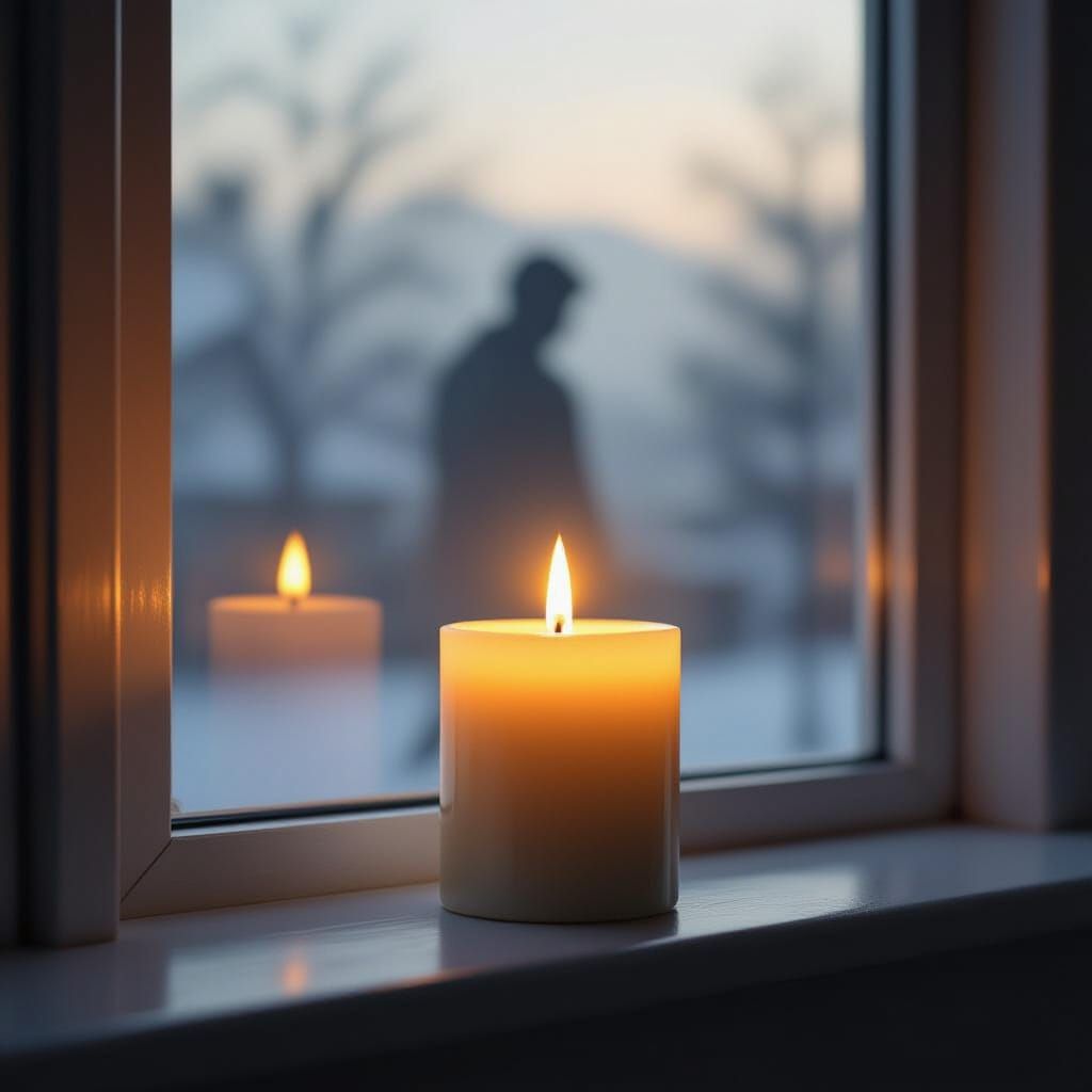 Memorial Candle with Hazy Figure and Ethereal Light