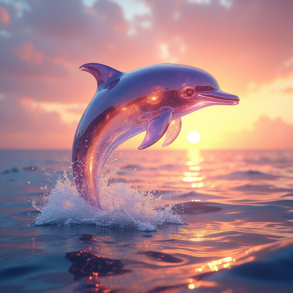 Glass Dolphin Leaps Out of Ocean at Sunset in Vibrant Colors