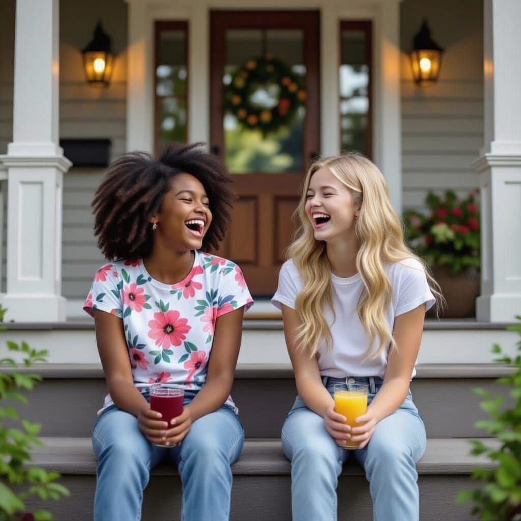 Friends Laughing on Craftsman House Stoop