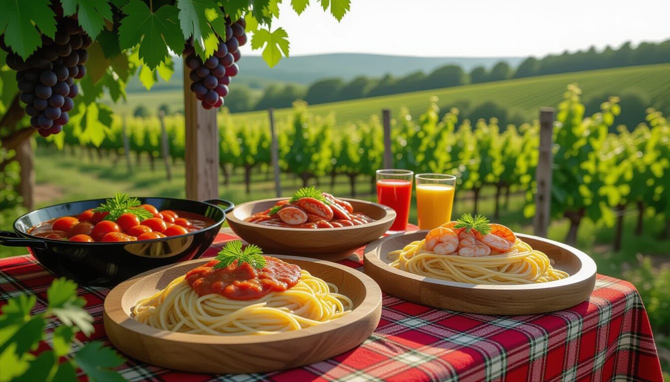 Gourmet Spaghetti Platters in Rustic Countryside Setting