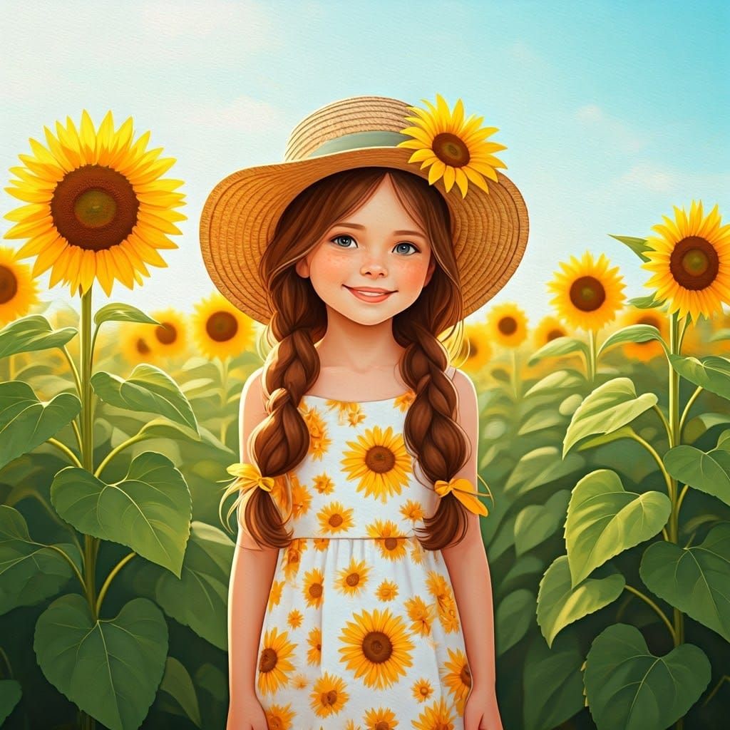 Girl in Sunflower Field, Storybook Illustration