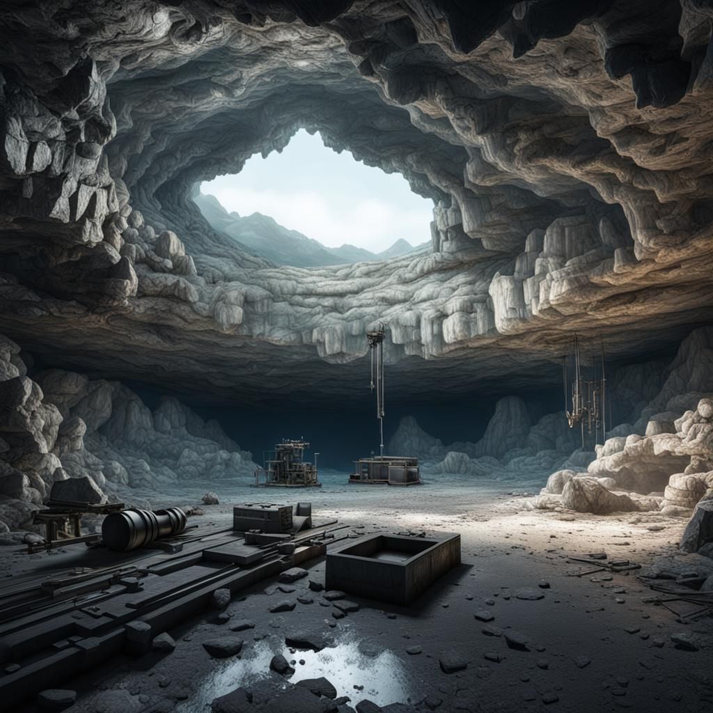 Hyperrealistic Abandoned Mineral Cave with Equipment