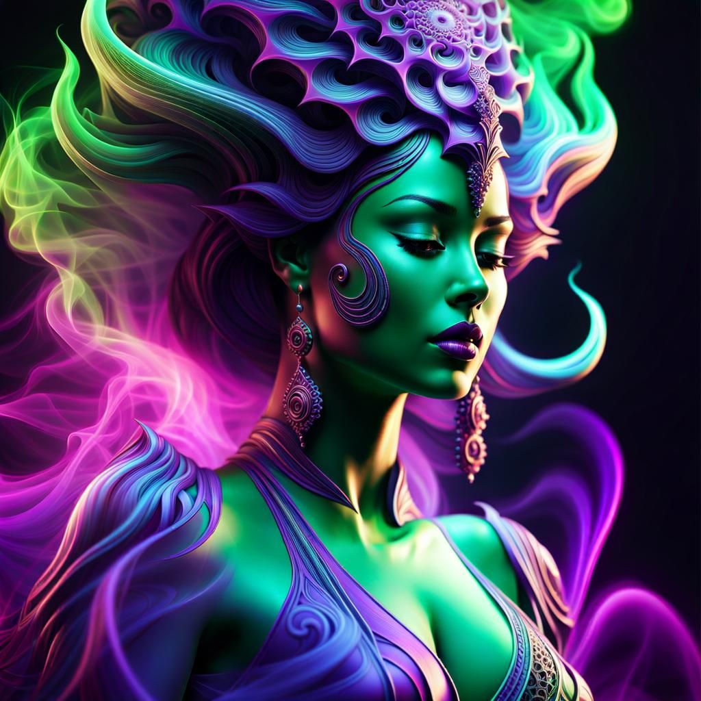Ethereal Demon Woman in Green and Purple Smoke
