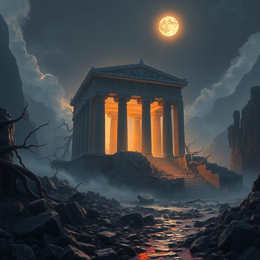 Ancient Ruined Temple in Ethereal Landscape