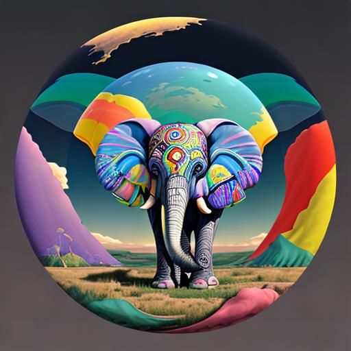 Balloon Elephant in Prairie Moonscape: Neo-Primitivism Art