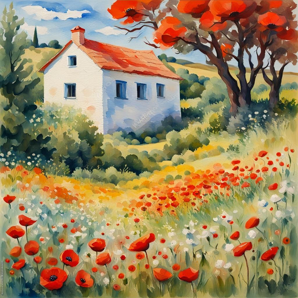 Village Houses with Poppies in Gouache Watercolor