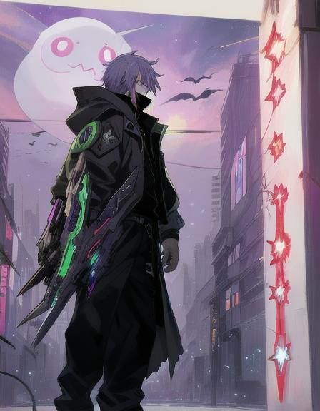 Cyberpunk Cityscape with Masked Figure and Galaxy Elements